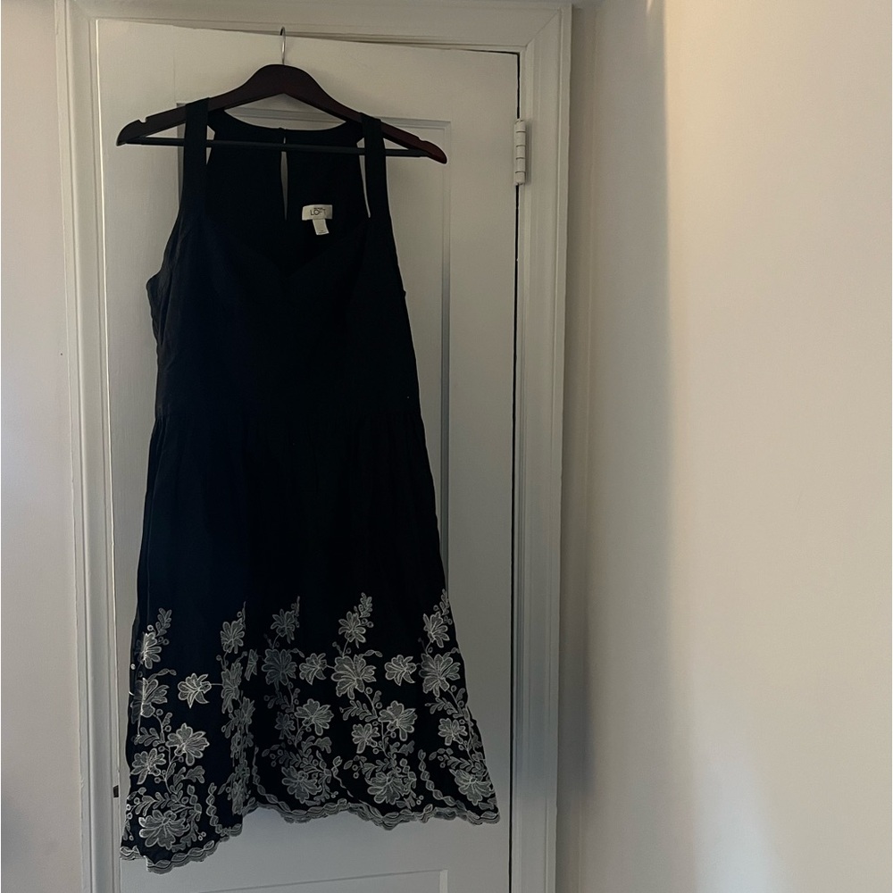 LOFT Black Dress with White Floral Embroidery